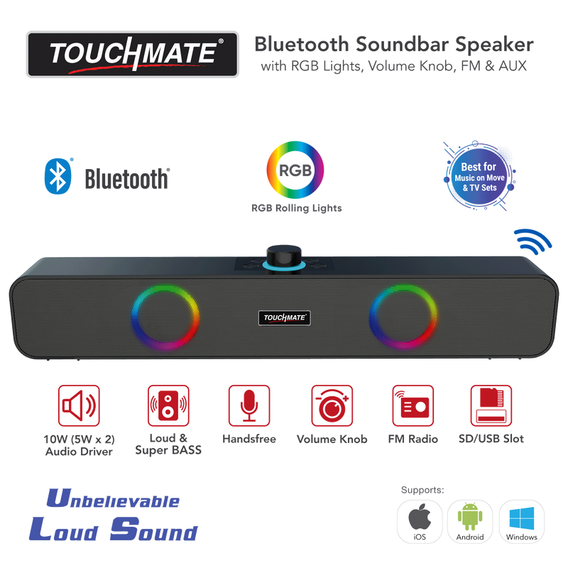 <b><i>TOUCHMATE</bi> Bluetooth Soundbar Speaker with RGB Lights, Volume Knob, FM & AUX | Loud BASS | USB & SD Card Support