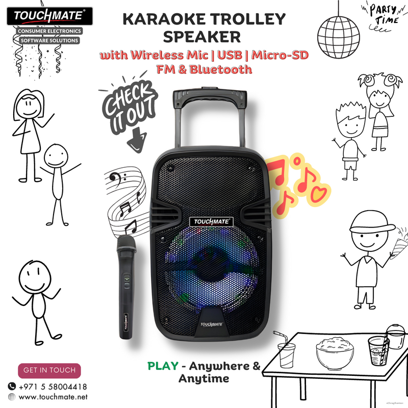 Karaoke Party Trolley Speaker with Wireless Mic, USB, SD, FM, LED & Bluetooth