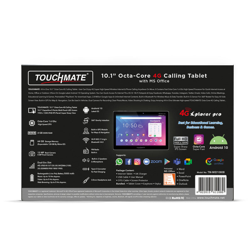 TOUCHMATE 10.1" Octa-Core 4G Calling Tablet  with MS Office - (4G Xplorer Pro) | SKU: TM-MID1080B