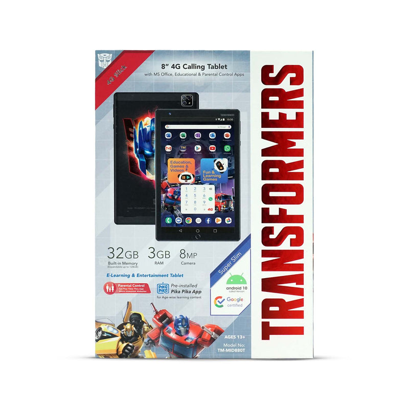 TRANSFORMERS 8” 4G Calling Tablet with MS Office, Educational & Parental Control Apps | Protective Case with Stand