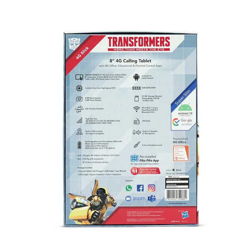 TRANSFORMERS 8” 4G Calling Tablet with MS Office, Educational & Parental Control Apps | Protective Case with Stand