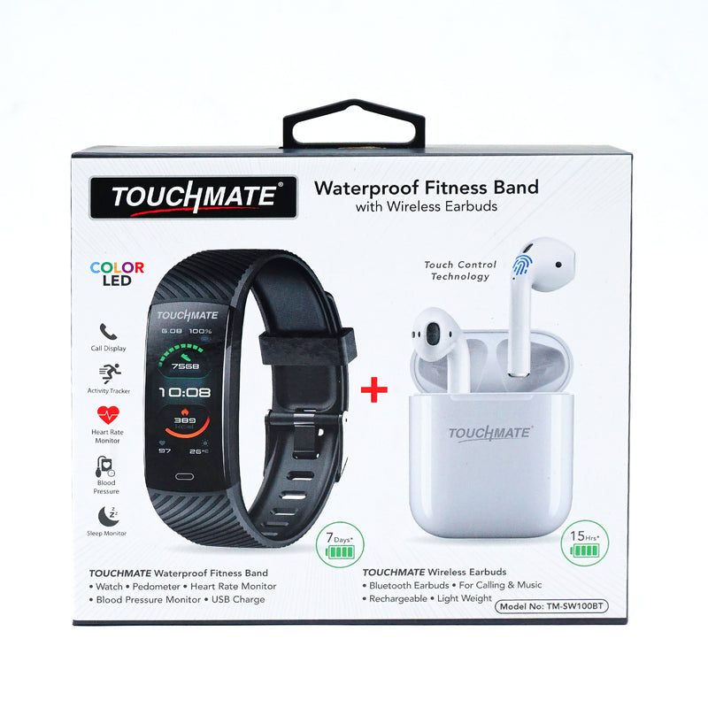 <i>TOUCHMATE</i> Waterproof Fitness Band with Wireless Bluetooth TWS Earbuds | SKU : TM-SW100BT